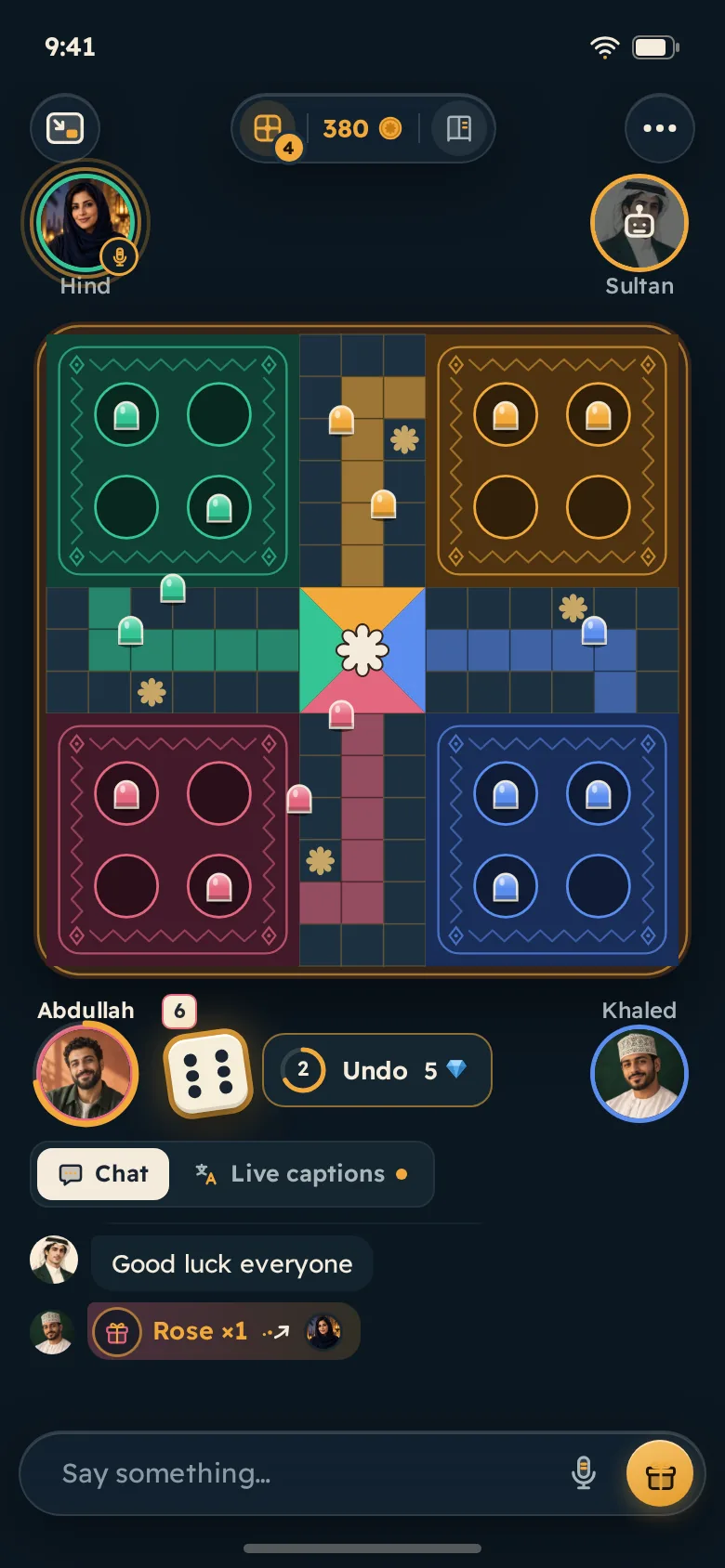 Ludo board in a four-player game
